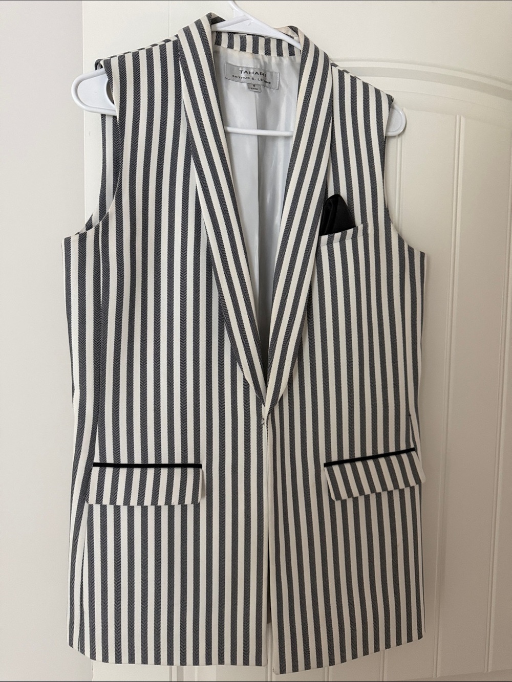 Tahari Black and White Vertical Stripe Sleeveless Blazer Vest